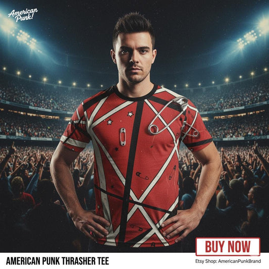 80s Rock Guitar Stripes Graphic Tee | Safety Pin Punk Pattern