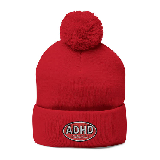 ADHD Embroidered Pom Pom Beanie | Knit Cap, Winter Hat